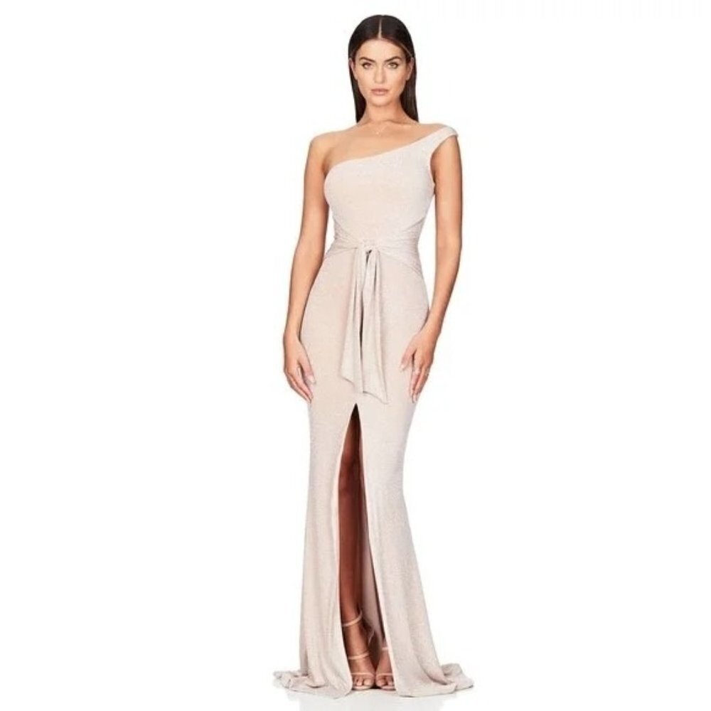 Nookie Gold Cream Shimmer One Shoulder Formal Maxi Dress Gown Women's‎ Small